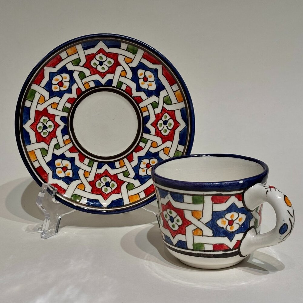 Hand Painted Moroccan Fez Pottery Geometric Fassi Design Espresso Cup and Saucer